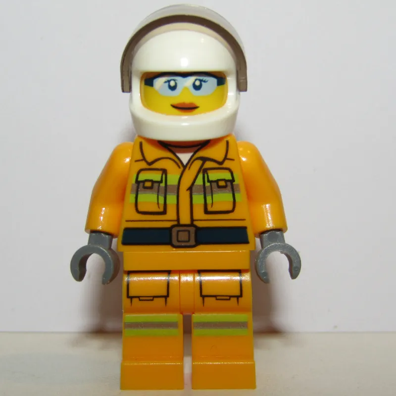 Firewoman, Bright Light Orange Fire Suit, White Helmet with Visor, Light Blue Sunglasses