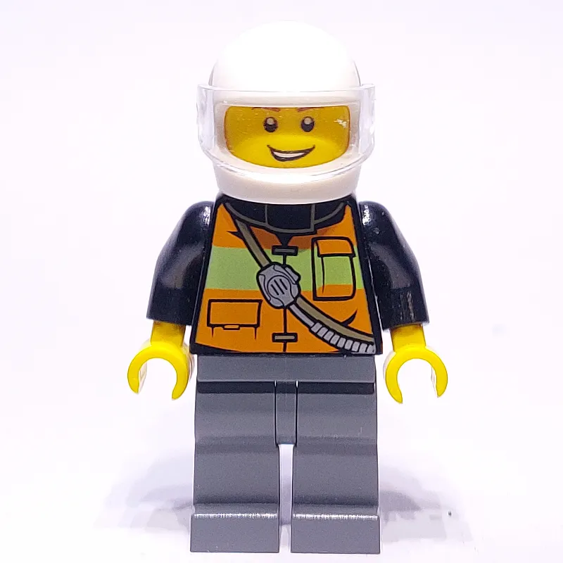 Fireman, Orange Safety Vest with Radio, White Helmet with Visor