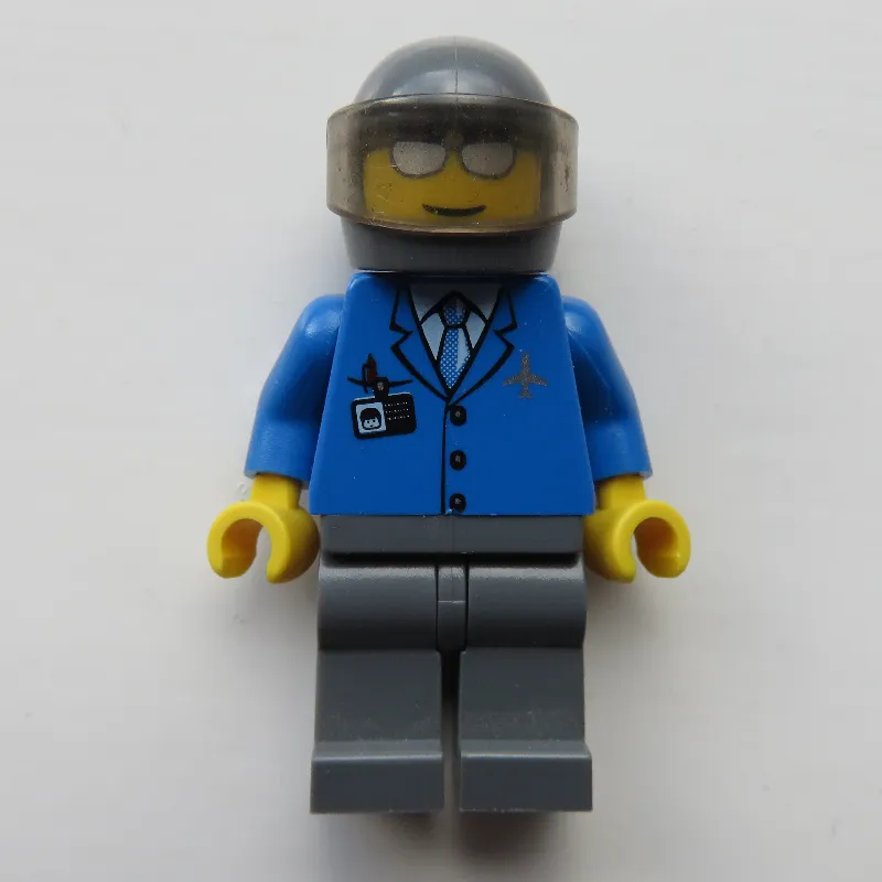 Pilot, Blue Jacket with Plane Logo and Blue Tie, Dark Bluish Gray Helmet with Visor, Silver Sunglasses