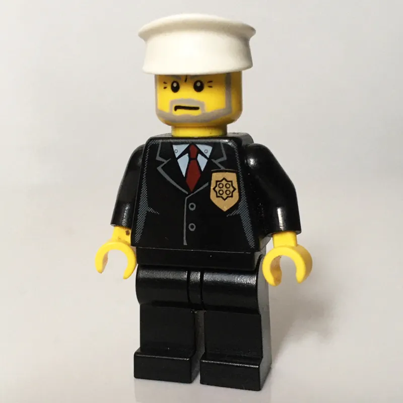 Policeman, Black Suit with Badge, White Hat, Gray Beard