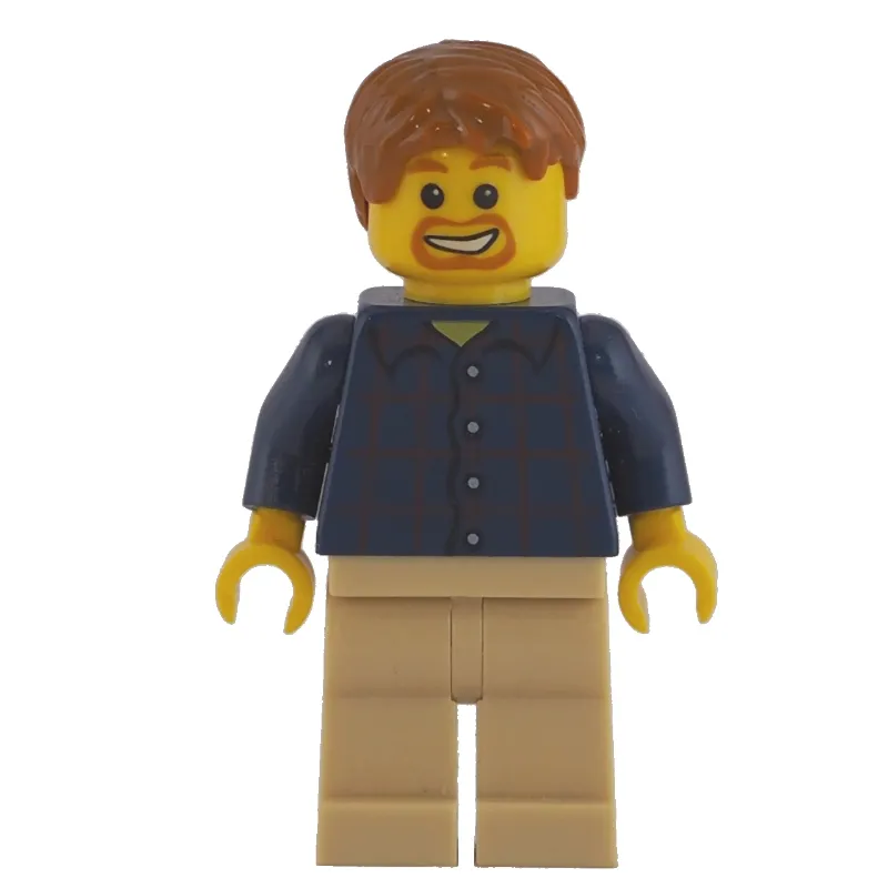 Man, Dark Blue Plaid Shirt, Tan Legs, Dark Orange Hair, Goatee Beard