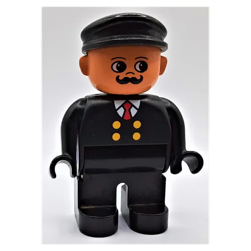 Duplo Figure, Early, with Flat Cap Black, Black Legs, Four Yellow Buttons and Red Tie Print