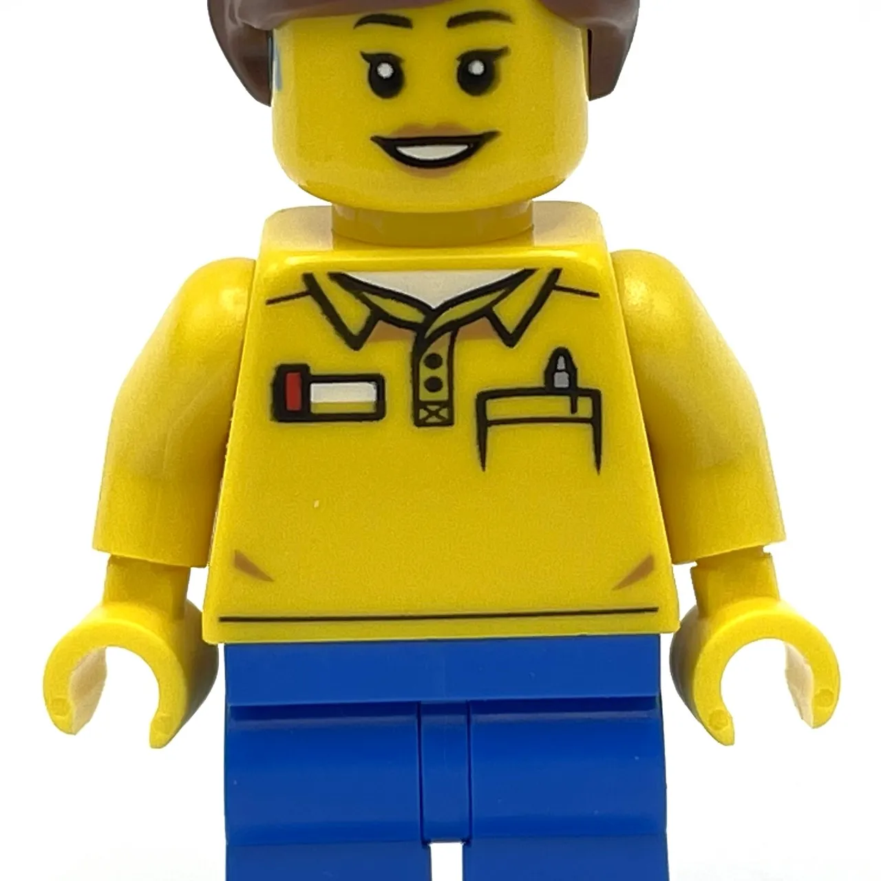 LEGO Employee, Yellow Torso, Blue Legs, Reddish Brown
