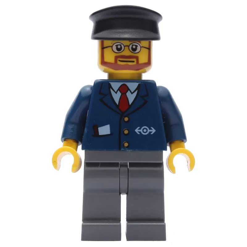 Train Worker, Dark Blue Jacket with Train Logo, Black Hat, Beard and Glasses