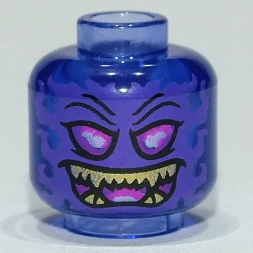 Minifig Head Overlord, Dark Pink Eyes, Yellow Fang Teeth / Swirled Flames print