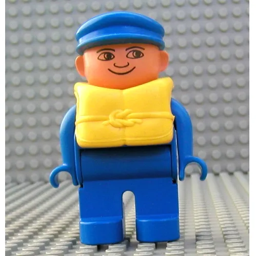 Duplo Figure, Early, with Flat Cap Blue, Blue Legs, Life Jacket