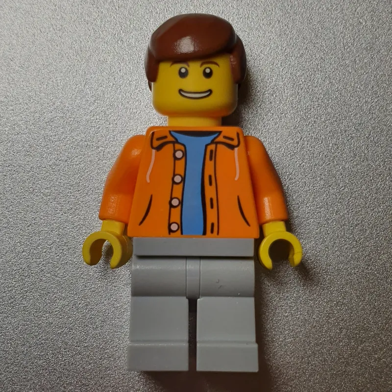 Man, Open Orange Jacket over Light Blue Shirt, Reddish Brown Hair