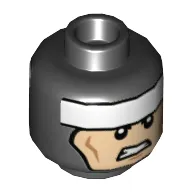 Minifig Head Batman, Balaclava, White Stripe on Forehead, Cheek Lines, Smirk / Clenched Teeth Print