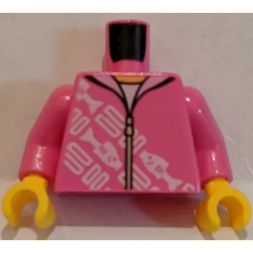 Torso Hoodie with Diagonal White Rectangles and Fish Print, Dark Pink Arms, Yellow Hands