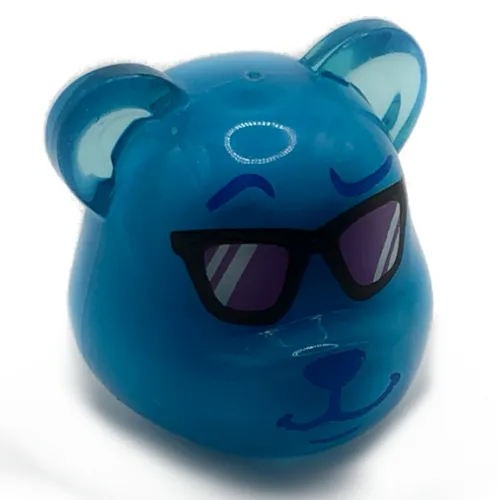 Minifig Head Special, Bear, Dark Blue Raised Eyebrow, Black Glasses with Lavender Glass, Light Aqua Ears Print