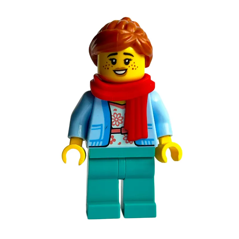 Bright Light Blue, Dark Turquoise Legs, Dark Orange Hair, Red Scarf