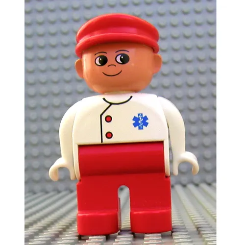 Duplo Figure, Early, with Flat Cap Red, Red Legs, Two Red Buttons and Blue EMT Star of Life Print