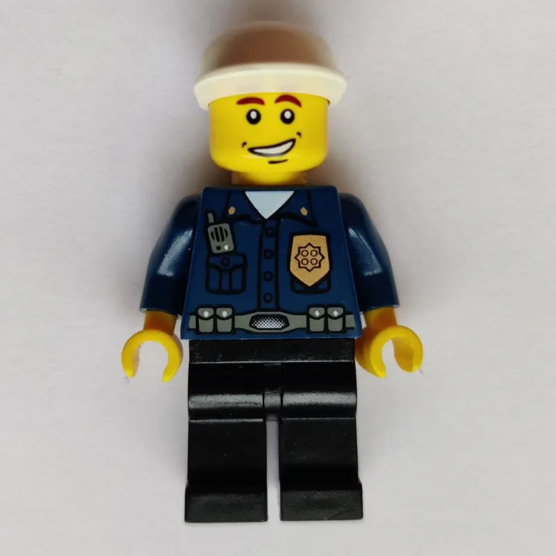 Policeman, Dark Blue Shirt with Radio and Badge, Black Legs, Black Cap, Smile