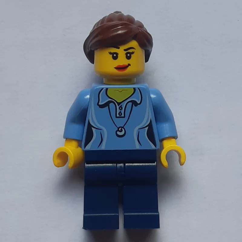 Woman, Medium Blue Polo Shirt with Necklace, Dark Blue Legs, Reddish Brown Ponytail