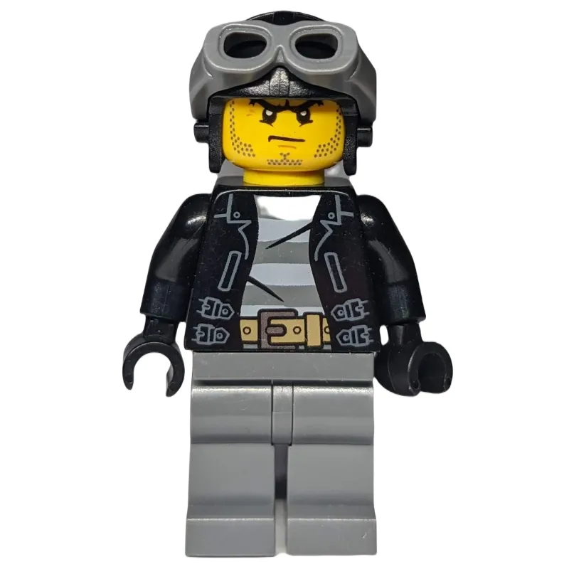 Criminal, Open Black Jacket over Prison Shirt, Dark Bluish Grey Legs, Black Hat with Goggles