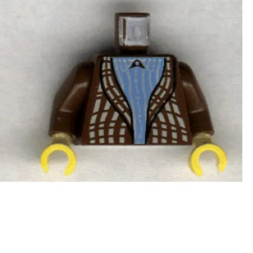 Torso Cardigan Sweater over Blue Striped Shirt Print, Brown Arms, Yellow Hands