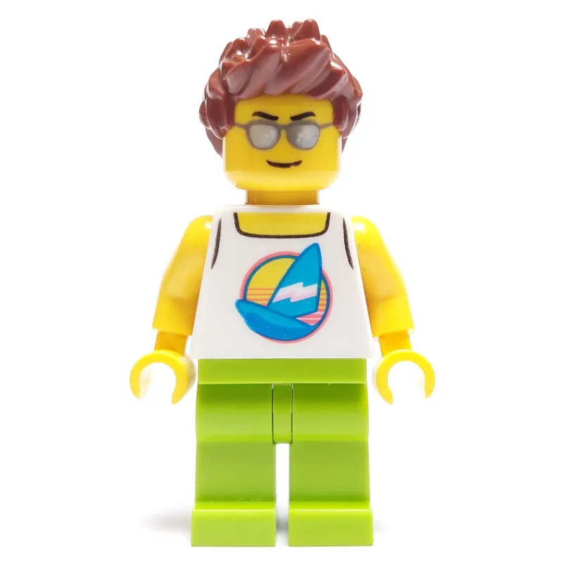 Man, White Tank Top with Windsurfer, Lime Legs, Reddish Brown Hair, Silver Sunglasses