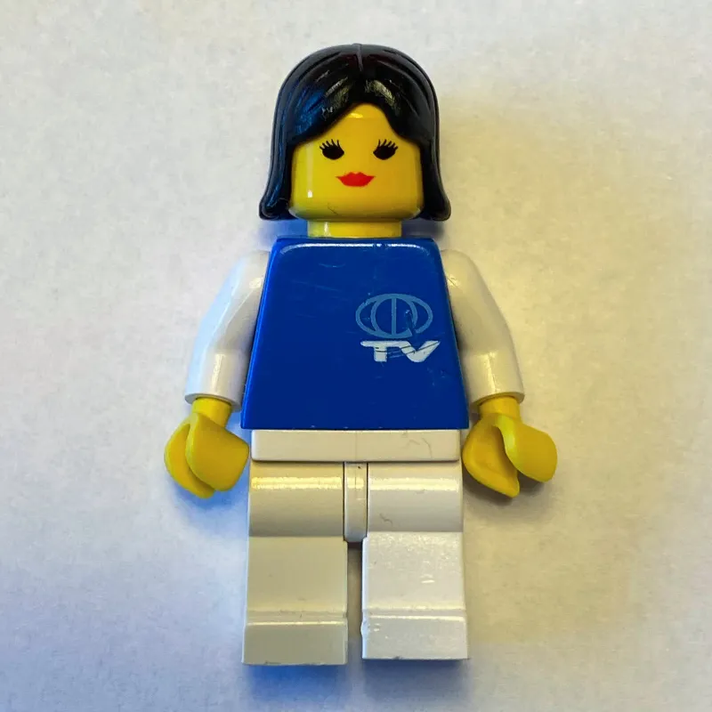 Woman, Blue Top with TV Logo, White Legs, Black Hair