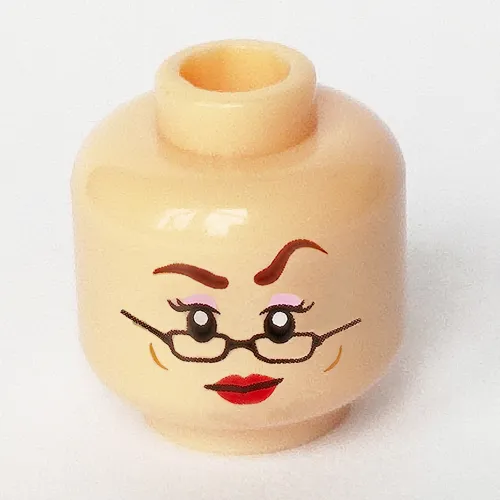Minifig Head Rita Skeeter, Thin Semi-circle Glasses, Raised Left Eyebrow, Red Lips, Cheek Lines, Smile / Frown Print