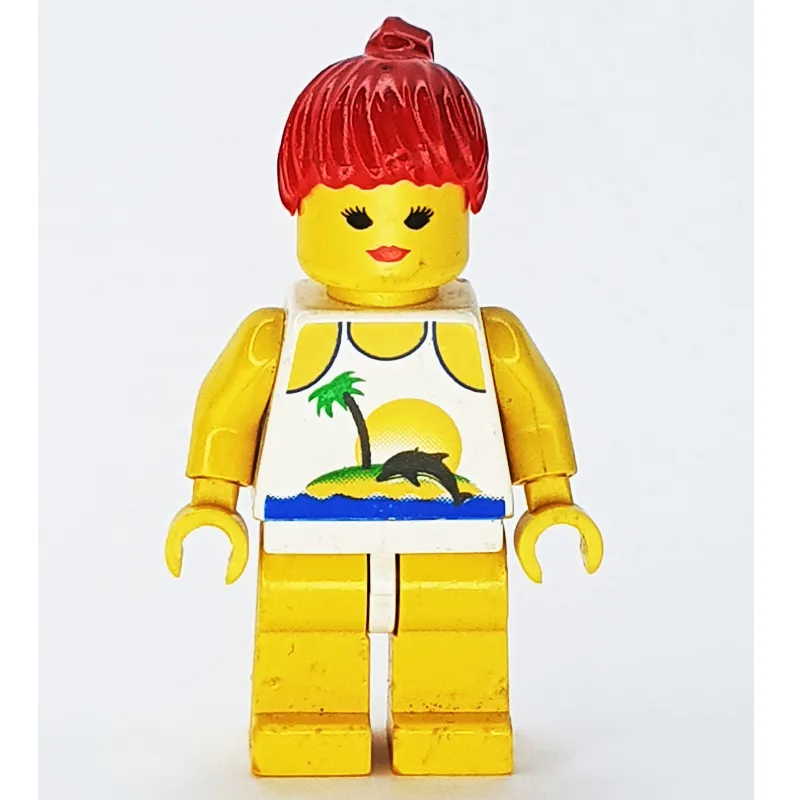 Woman, White Swimsuit with Desert Island and Dolphin, Red Hair