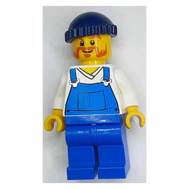 Man, Blue Overalls over Shirt, Blue Legs, Dark Blue Hat, Beard