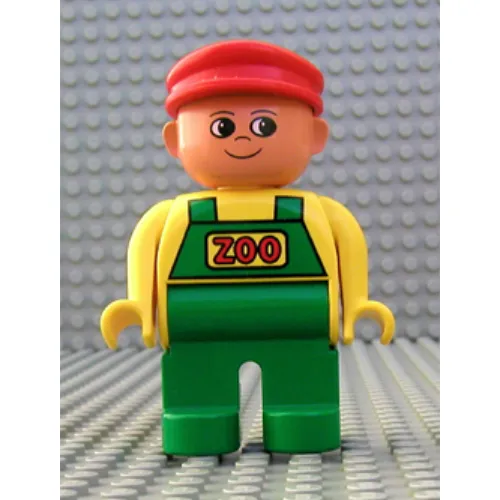 Duplo Figure, Early, with Flat Cap Red, Green Legs, Green Overalls with Red 'ZOO' Print