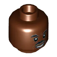 Minifig Head Lando / Robbie Robertson, Black and Gray Moustache and Eyebrows, Lopsided Grin / Closed Mouth Print