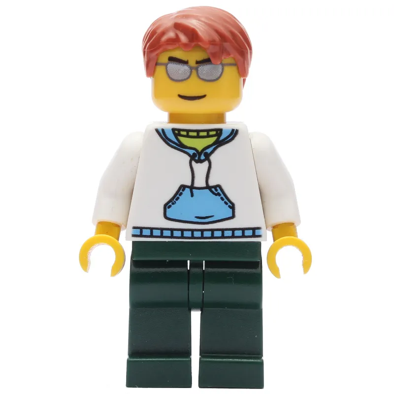 Man, White and Blue Hoodie, Dark Green Legs, Dark Orange Hair, Sunglasses