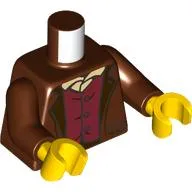 Torso, Jacket, Dark Red Buttoned Shirt, Tan Shirt Print, Reddish Brown Arms, Yellow Hands
