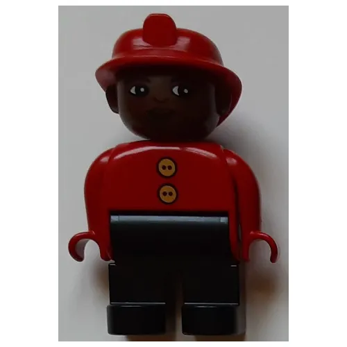 Duplo Figure, Early, Fire Helmet Red, Black Legs, Gold Buttons Print