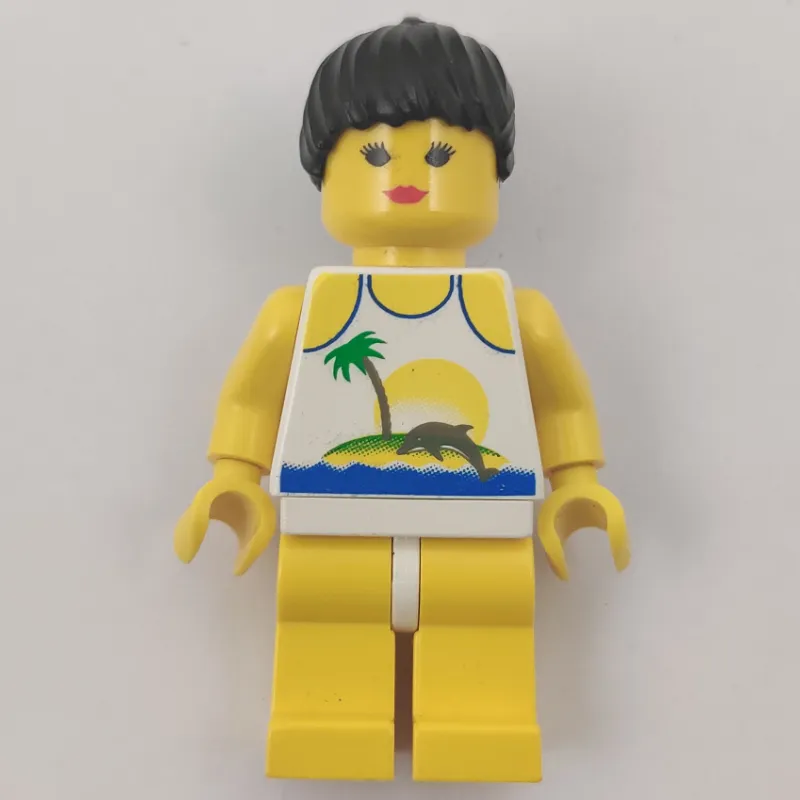 Woman, White Swimsuit with Desert Island and Dolphin, Black Hair