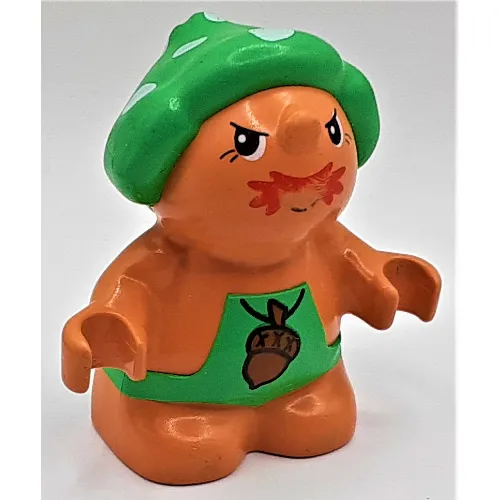 Duplo Figure Little Forest Friend, Male, Green Overalls with Acorn Necklace Print (Grumpy Toadstool)