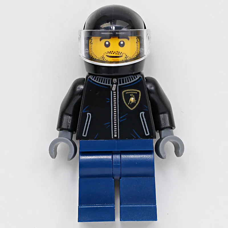 Race Driver, Black Racing Jacket, Dark Blue Legs, Black Helmet, Stubble