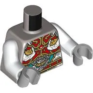 Torso, Tunic, Dark Red/Gold/White/Dark Turquoise Decorations Print, White Arms, Light Bluish Gray Hands