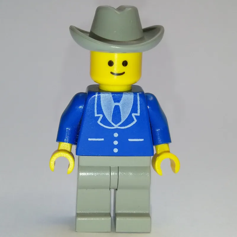 Man, Blue Jacket with Tie and Three Buttons, Light Gray Legs, Light Gray Cowboy Hat (3626a Head)
