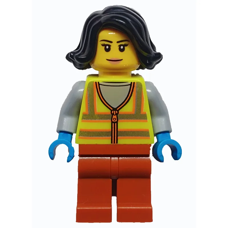 Woman, Vibrant Yellow Safety Vest, Dark Orange Legs, Black Hair