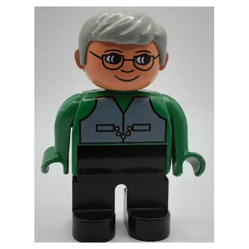 Duplo Figure, Early, with Short Parted Hair Light Gray, Black Legs, Gray Vest, Nose, Glasses Print