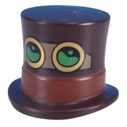 Top Hat with Reddish Brown Band, Dark Tan Strap, Gold Goggles, Bright Green Glass Print