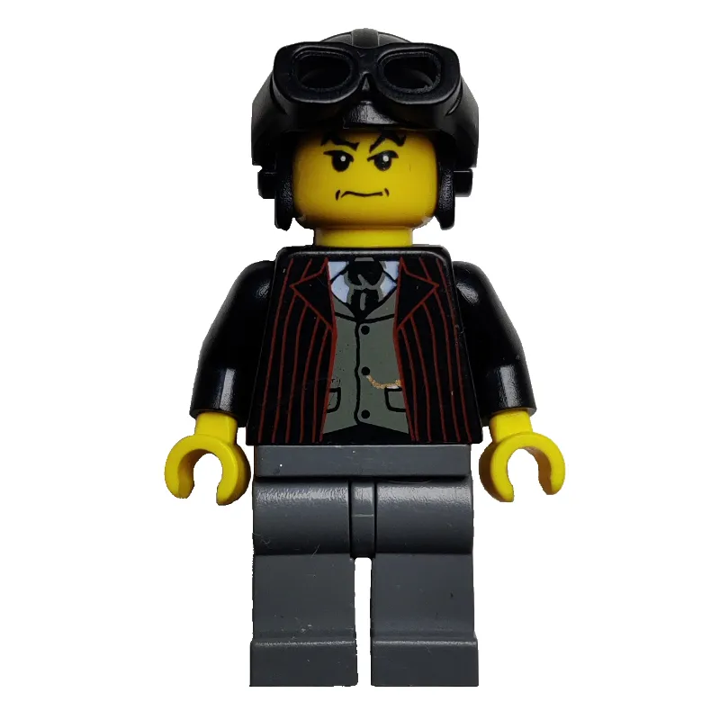 Pilot, Open Black Jacket over Dark Gray Vest and Tie, Black Hat with Goggles