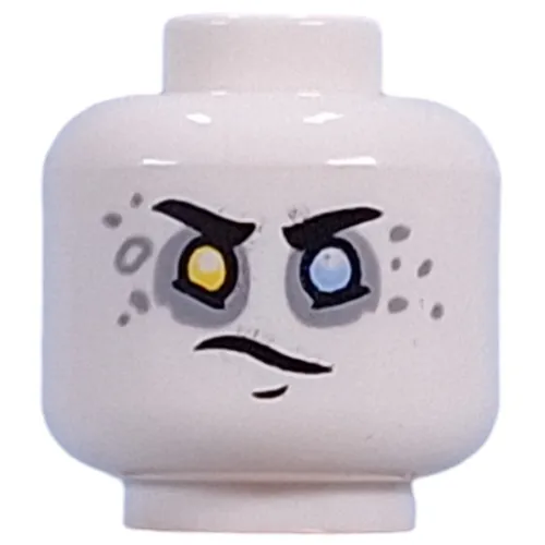 Minifig Head Dooper, Yellow Left, Bright Light Blue Right Eye, Light Bluish Grey Eyeshadow, Spots, Yellow Teeth Smile/Lopsided Smirk