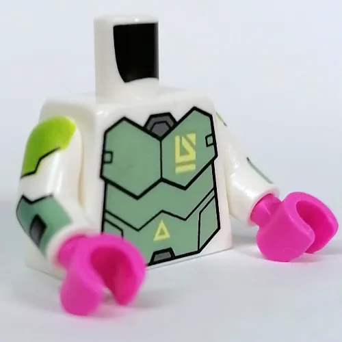 Torso, Sand Green Armor, Lime Shoulders Print, White Arms, Dark Pink Hands