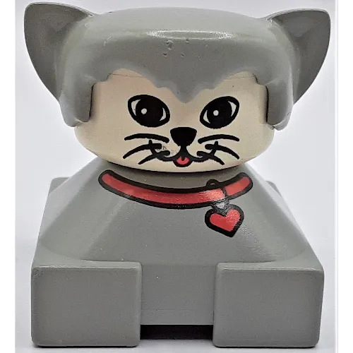 Duplo 2 x 2 x 2 Figure Brick, Hair with Cat Ears Light Gray, White Face with Round Eyes and 2 Whiskers Print