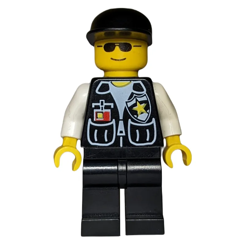 Policeman, Black Vest with Badge and Pockets, Black Cap, Sunglasses