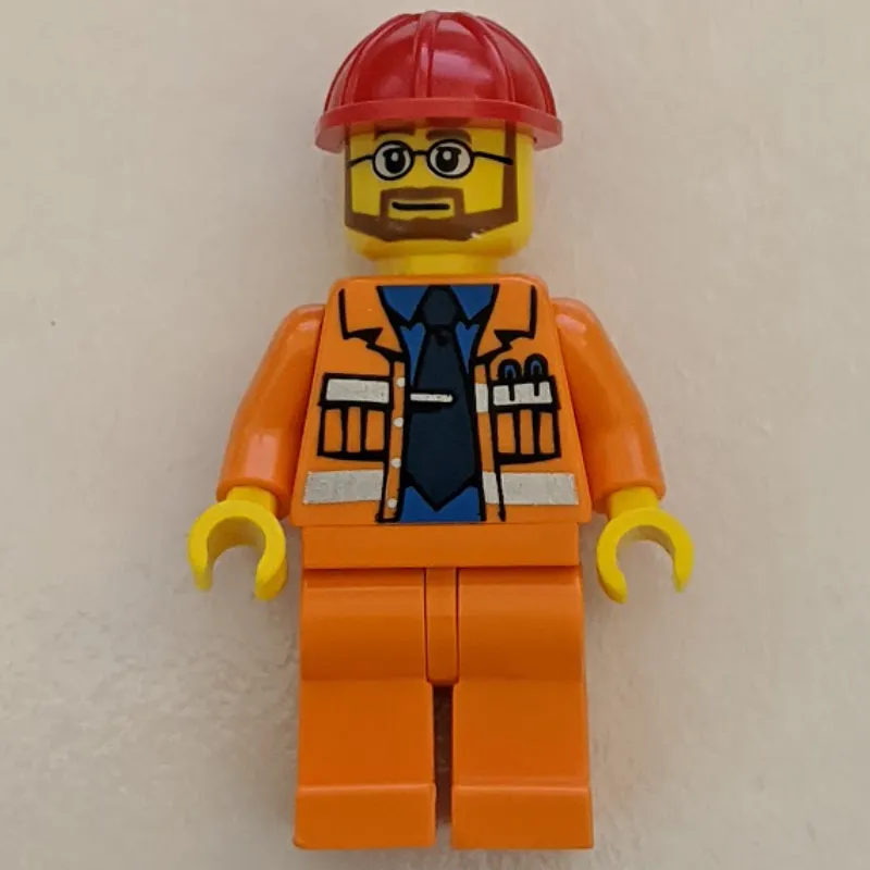 Construction Worker, Open Orange Jacket over Blue Shirt with Tie, Red Hard Hat, Beard and Glasses