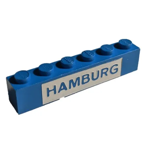 Brick 1 x 6 with Blue on White 'HAMBURG' print