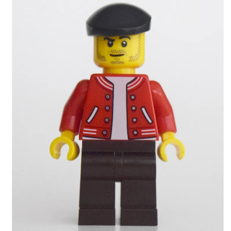 Man, Red Letterman Jacket, Dark Brown Legs, Black Beret