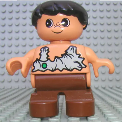 Duplo Figure, Early Child, Hair Swept Left Black, Brown Legs, Rag Shirt with Green Spot, Freckles Print (Caveman)