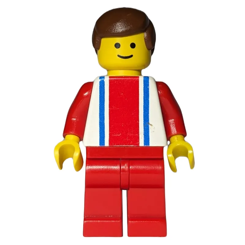 Man, White Top with Large Red Stripe and 2 Blue Stripes, Red Legs, Brown Hair (3626b Head)