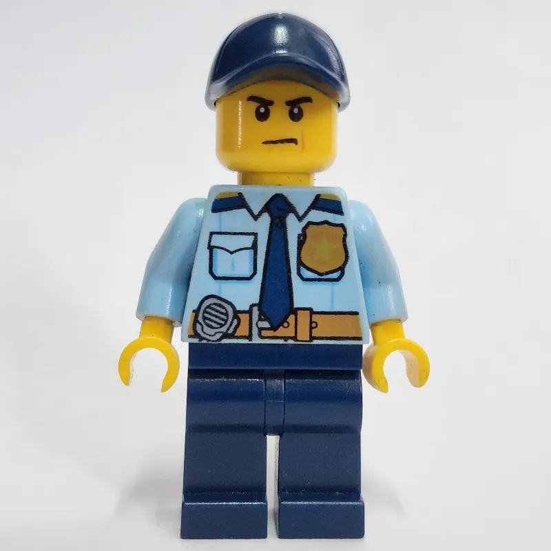 Policeman, Bright Light Blue Shirt with Dark Blue Tie, Badge, and Radio on Belt, Dark Blue Cap