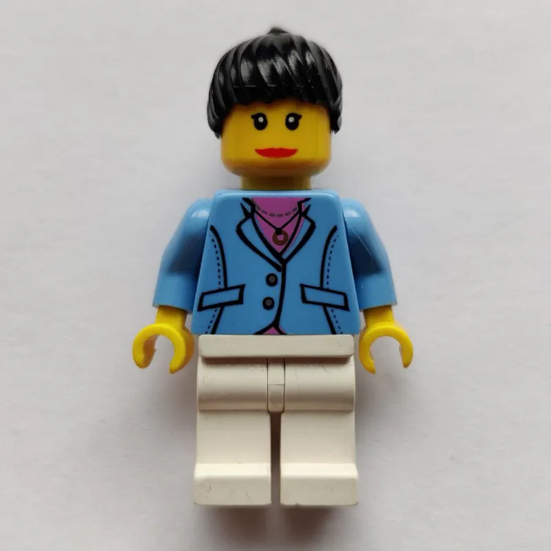 Woman, Medium Blue Jacket, White Legs, Black Ponytail Hair